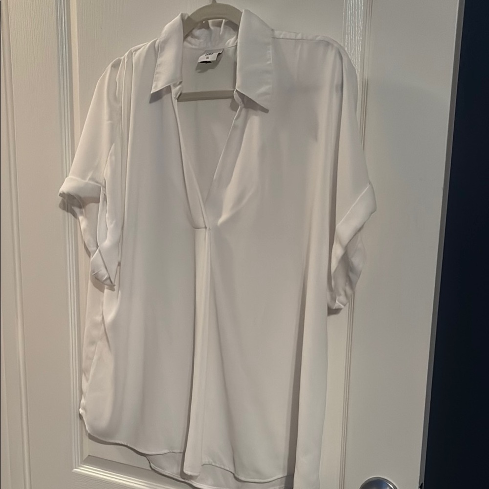 CAbi Whitr Short Sleeve Relaxed Blouse with Dress Shirt Collar